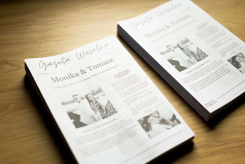 Realizacja druku gazety weselnej na papierze gazetowym.